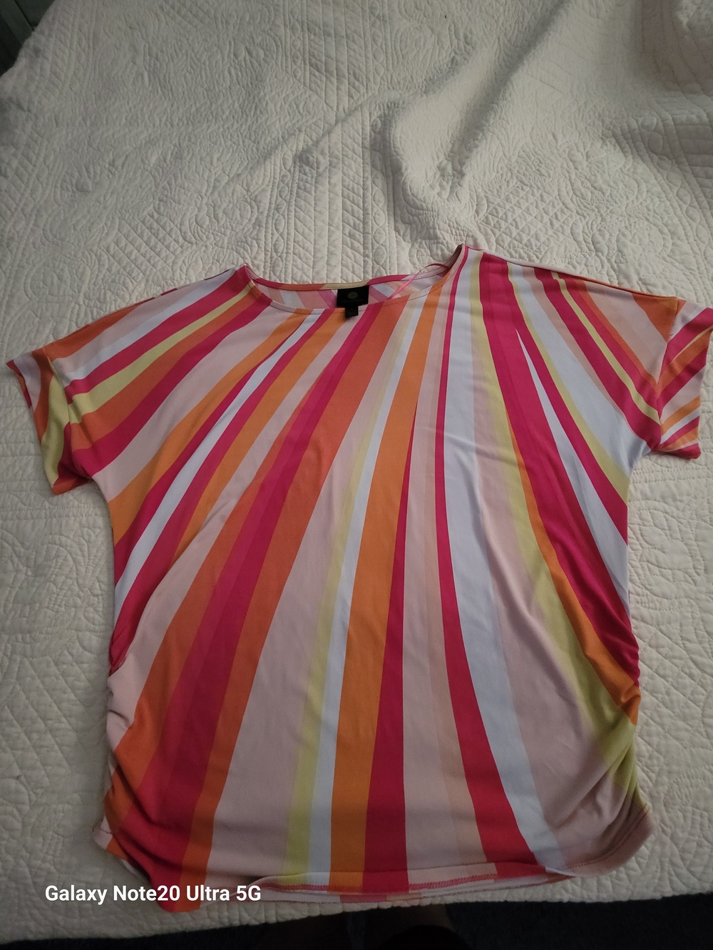🌈 JM Collection Multicolor Radial Stripe Short Sleeve Top - Pink/Orange/Yellow